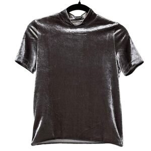 ZARA Trafaluc Silver Pewter Crushed Velvet Short Sleeve Mock Neck Top Small